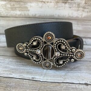 Leatherock Belt Size M 34 Black Leather Ornate Tiger Eye Crystal Buckle Filigree